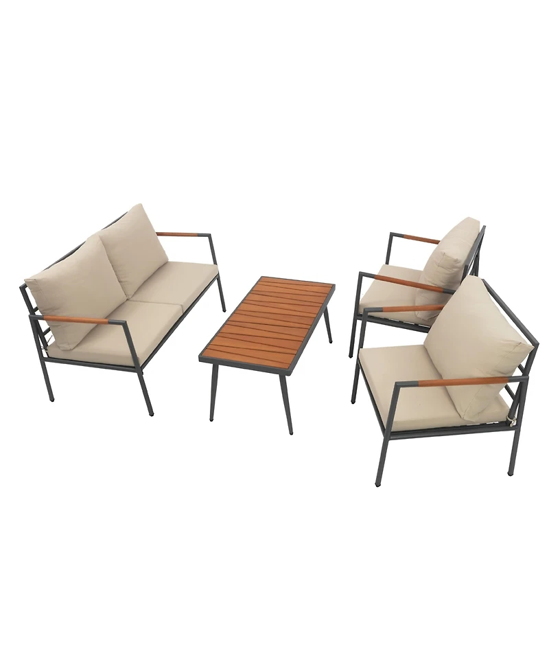 Teamson Home - Outdoor 4 Piece Steel frame Conversation Set with Wood Armrests and Cushions