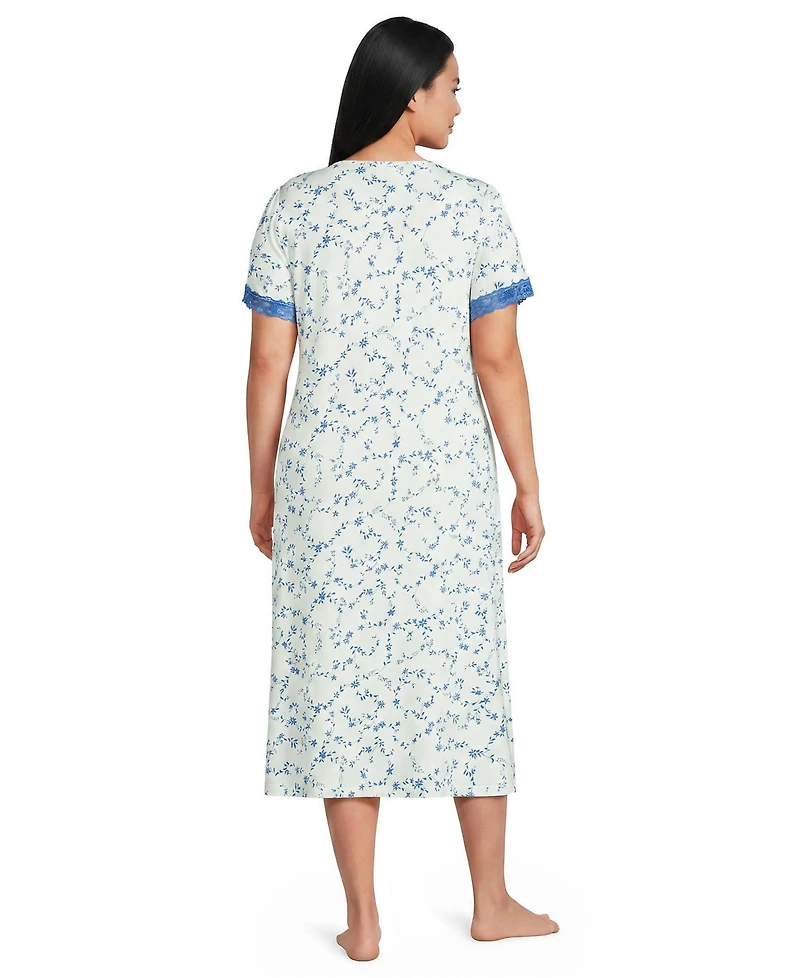 Lands' End Plus Cooling Floral Mid-Calf Short-Sleeve Scoop Neck Nightgown