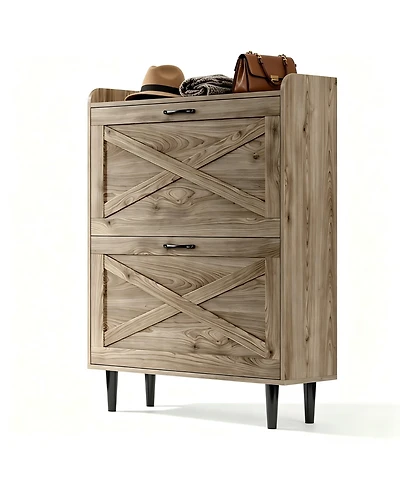 Slickblue 2-Drawer Barn Door Shoe Cabinet with Side Panel and Mdf Top Shelf