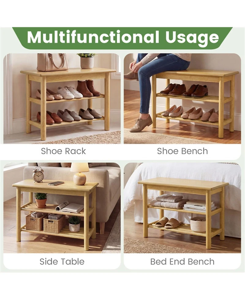 Slickblue 24 Inch Rubberwood Shoe Rack Bench with 3-Tier Entryway Storage