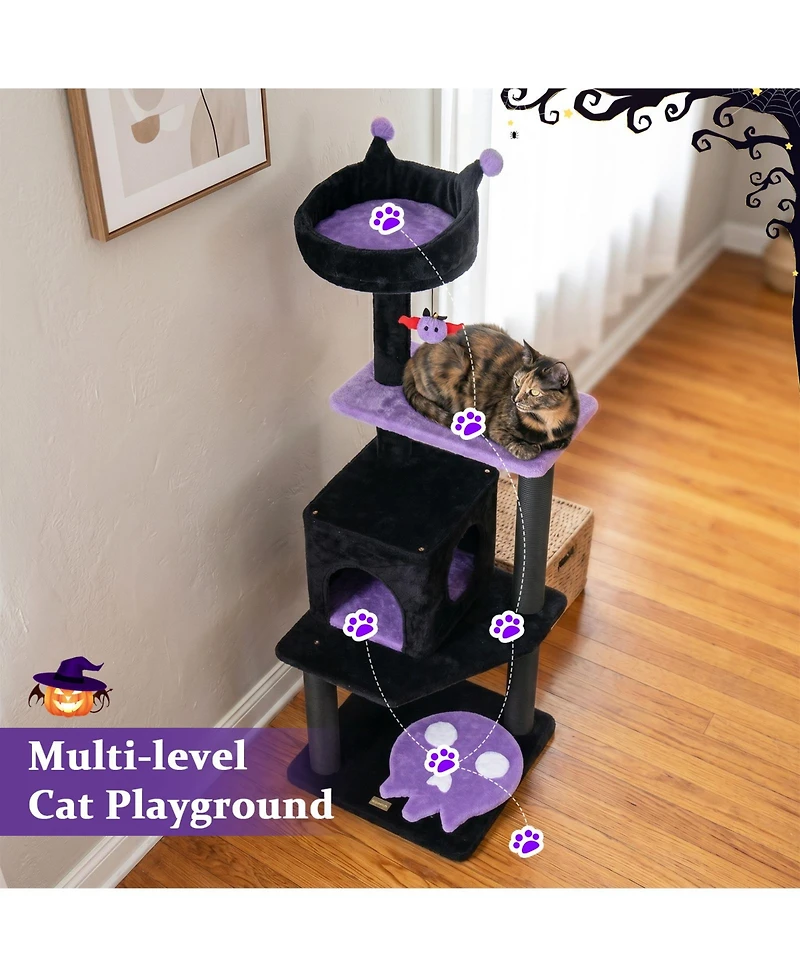 Gymax 57'' Gothic Cat Tree for Indoor Cats with Padded Perch 2-Entry Condo Hanging Toy