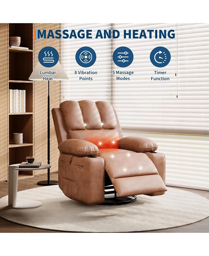 gaomon Pu Leather Swivel Rocker Manual Recliner Sofa Chair, Heat and Massage for Living Room