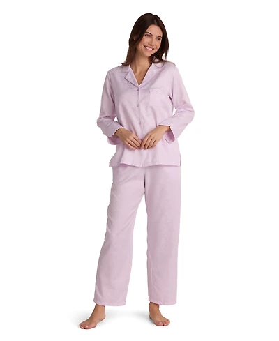 Miss Elaine Women's Brushed Back Satin Long-Sleeve V-Neckline Pajama Set