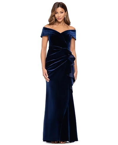Xscape Women's Off-The-Shoulder Ruffle Velvet Dress