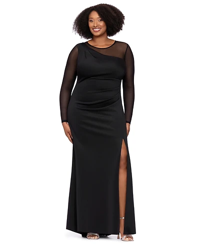 Xscape Plus Wedding Guest Long-Sleeve Mesh Dress