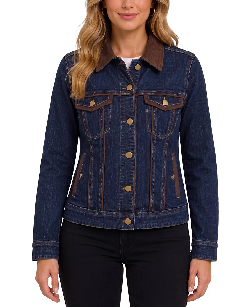 Liverpool Los Angeles Women's Crosshatch Stretch Denim Velvet-Trim Dark-Wash Jacket