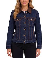 Liverpool Los Angeles Women's Crosshatch Stretch Denim Velvet-Trim Dark-Wash Jacket