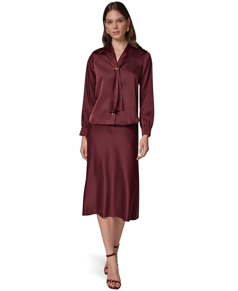 Donna Karan New York Petite Long-Sleeve V-Neck Scarf Detail Blouse