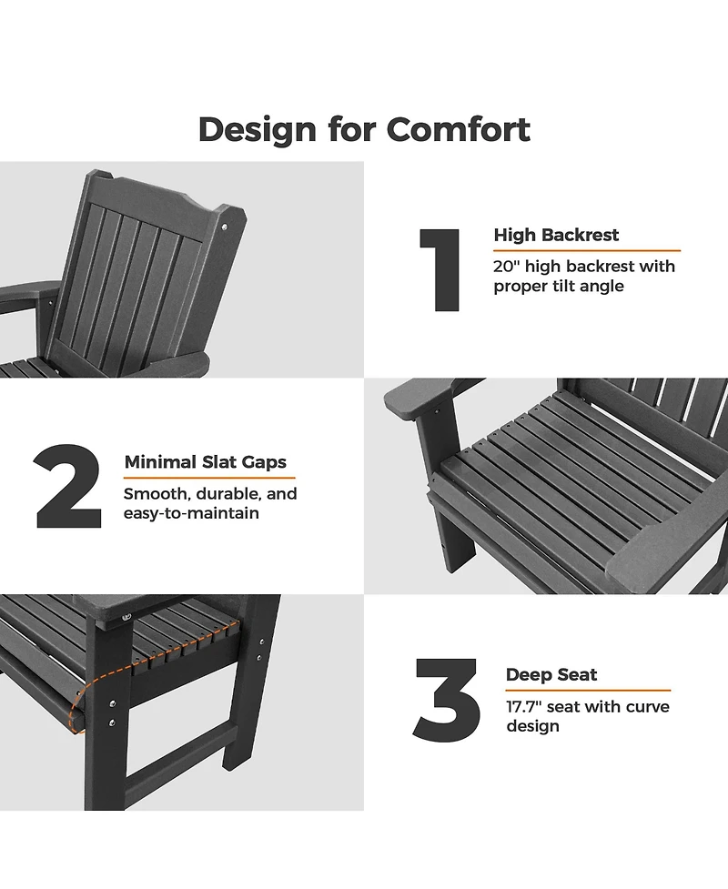 Hdpe All-Weather Outdoor Patio Dining Chair, Heavy-Duty Garden Backyard Armchair with Stainless Steel Hardware, Grey