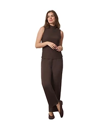 Cable & Gauge Women's Rib-Knit Mock Neck Shell, Overlay, and Pants 3-Piece Set