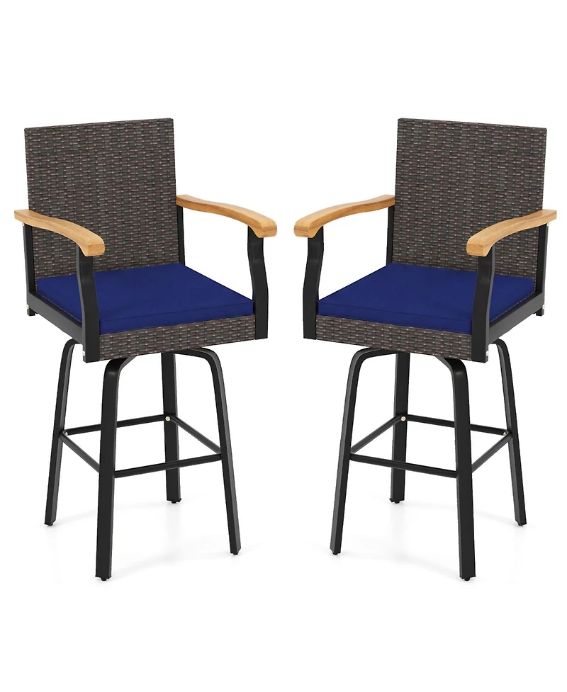 Gymax 2Piece 29'' Outdoor 360-Degree Swivel Bar Stool w/Cushion Acacia Wood Armrests Footrest