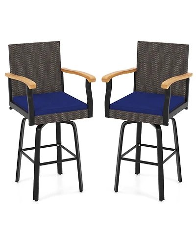 Gymax 2Piece 29'' Outdoor 360-Degree Swivel Bar Stool w/Cushion Acacia Wood Armrests Footrest