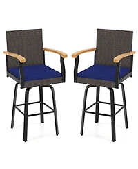 Gymax 2Piece 29'' Outdoor 360-Degree Swivel Bar Stool w/Cushion Acacia Wood Armrests Footrest