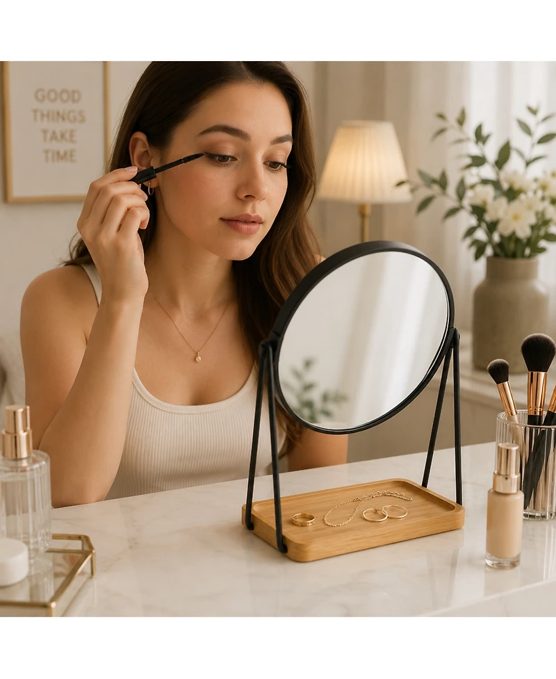 Pursonic Dual Sided Mirror With Bamboo Tray