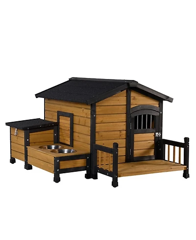 Clihome Large Wooden Dog House with Feeding Station and Storage Outdoor