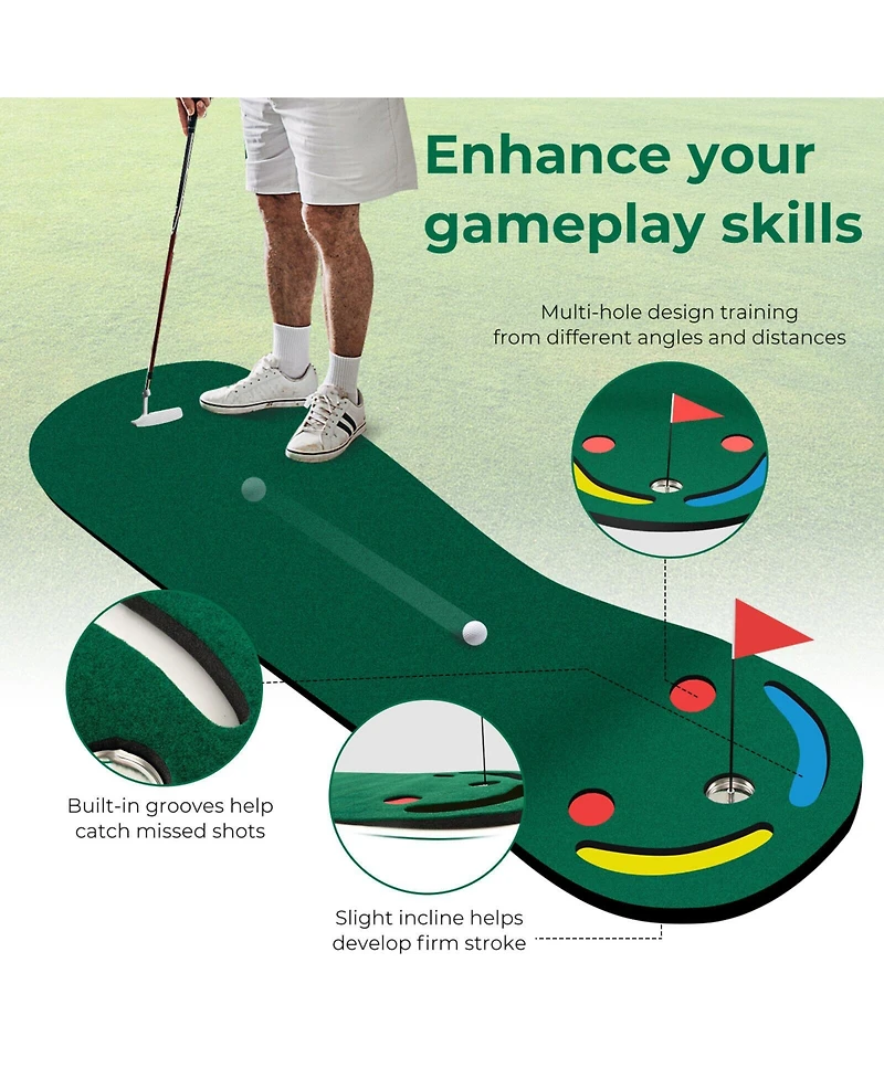 Glintex Golf Putting Green, 9.8 x 3 ft Mat with 3 Cups and 2 Hazards,
