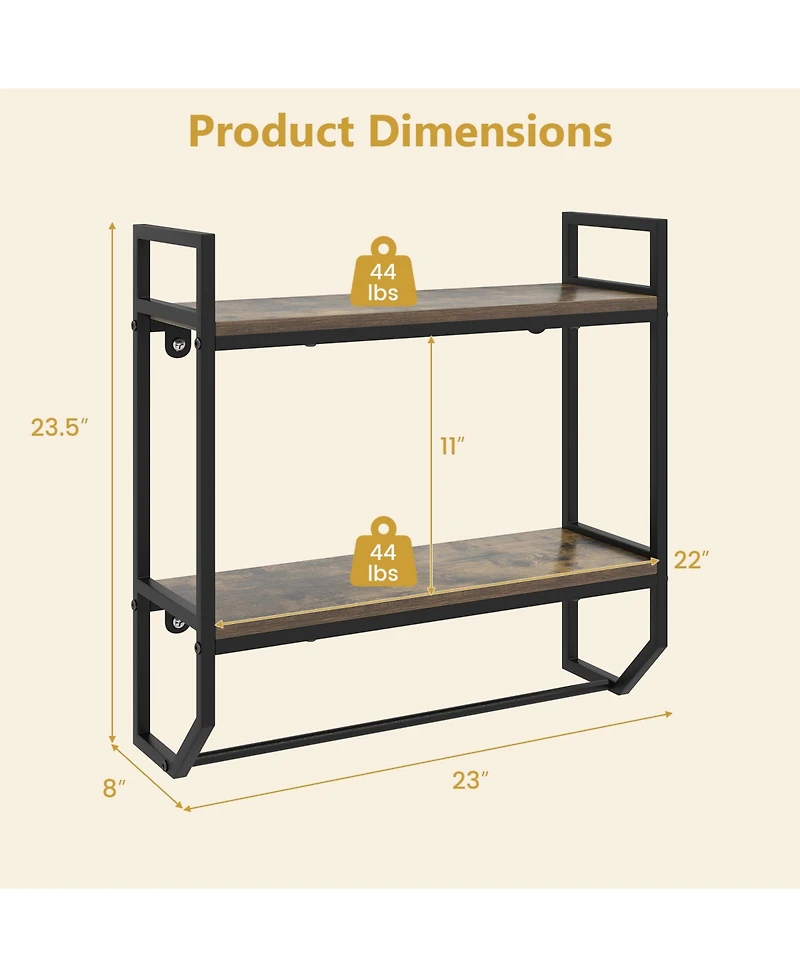 Gymax 2-Tier Floating Shelving Wall-Mounted Shelf with Hanging Rod Expansion Screws