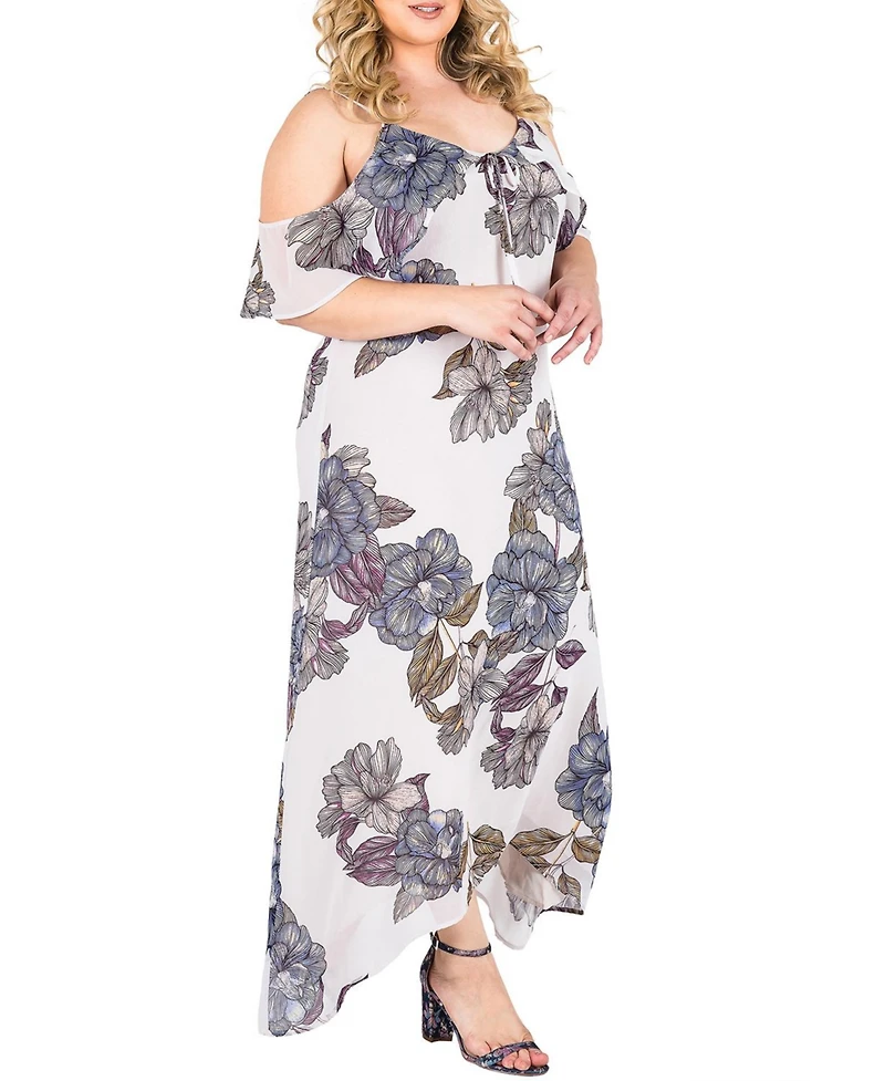 Plus Women's Floral Chiffon Cold Shoulder Ruffle Dress