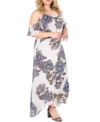 Plus Women's Floral Chiffon Cold Shoulder Ruffle Dress