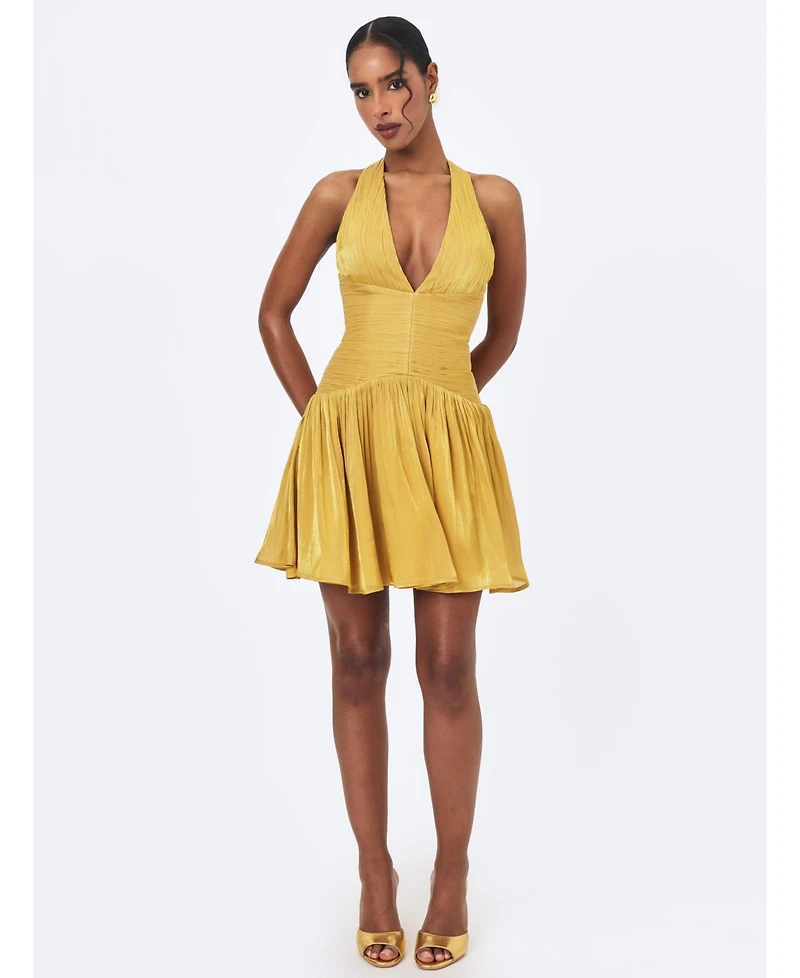 Miss Circle Women's Xavia Gold Crystal Organza Plunging Halter Mini Dress