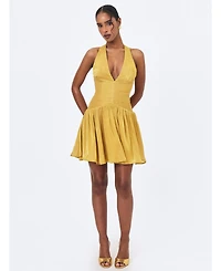 Miss Circle Women's Xavia Gold Crystal Organza Plunging Halter Mini Dress