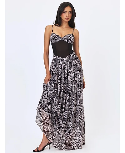 Miss Circle Women's Onora Zebra Print Chiffon Dipped Waist Maxi Dress