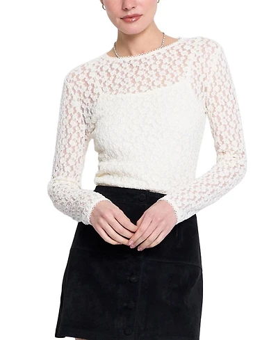 Central Park West Women's Floral-Lace Long-Sleeve Crewneck Sweater