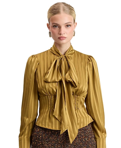 Avec Les Filles Women's Long-Puff Sleeve Scarf-Tie Neck Blouse