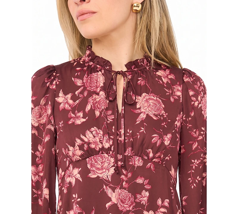 Msk Petite Tie Neck Satin Midi Floral A-Line Dress