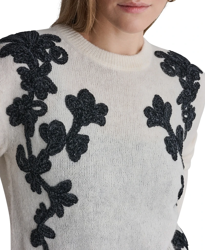 Bcbg Women's Oversized Floral-Applique Crewneck Long-Sleeve Sweater