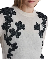 Bcbg Women's Oversized Floral-Applique Crewneck Long-Sleeve Sweater