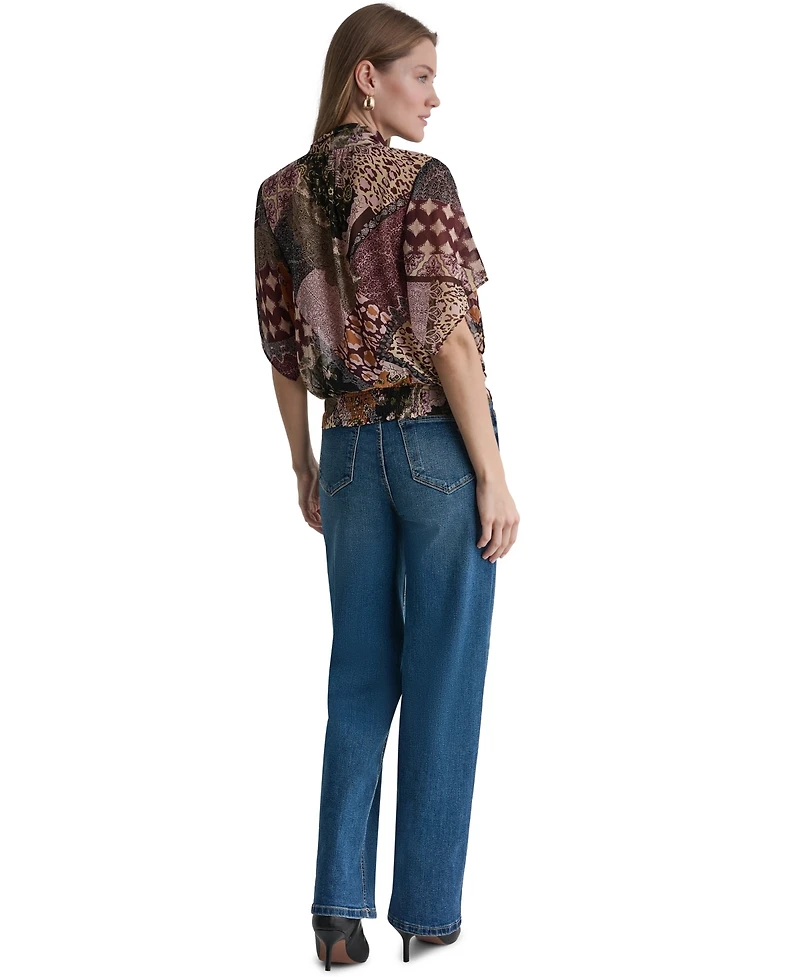 Bcbg Women's Bow Neck Mixed Print Short-Sleeve Blouse