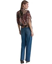 Bcbg Women's Bow Neck Mixed Print Short-Sleeve Blouse