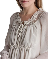 Bcbg Women's Scoop Neckline Lace-Trim Long-Sleeve Blouse