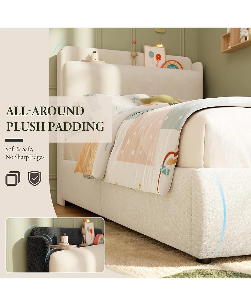 Upholstered Bed Frame with Shelf and Drawers, Chenille Platform Built Headboard for Phone Books, Easy Assembly