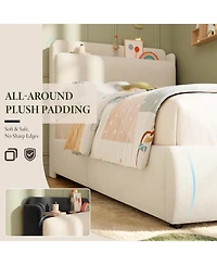 Upholstered Bed Frame with Shelf and Drawers, Chenille Platform Built Headboard for Phone Books, Easy Assembly