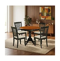East West Furniture 5-Piece Modern Dining Set Includes a Round Wood Table and 4 Linen Fabric Dining Room Chairs with Slatted Back
