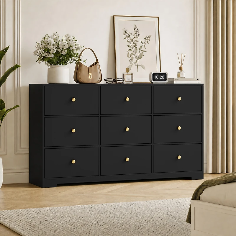 Gaomon Wide Modern Chest Of Drawers, Spacious 9 Drawer Dresser With Round Metal Pull Handles, Functional Storage Cabinet For Bedroom Living Room