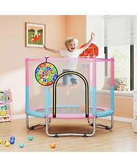 Gymax 60'' Kids Trampoline With Basketball Hoop Dartboard No-gap Design Safe Enclosure Net