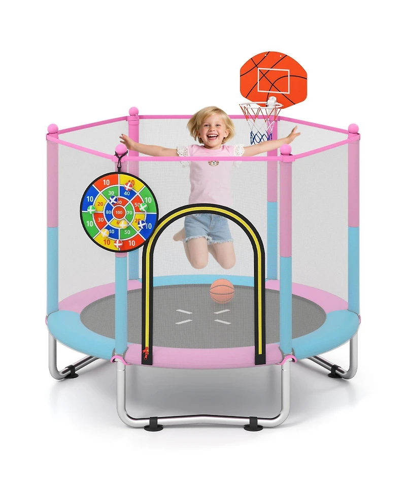 Gymax 60'' Kids Trampoline With Basketball Hoop Dartboard No-gap Design Safe Enclosure Net