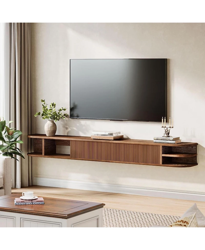 Tribesigns Floating Tv Stand with Fluted Storage Doors, Solid Wood Media Tv Stand with Cable Management, Entertainment Center