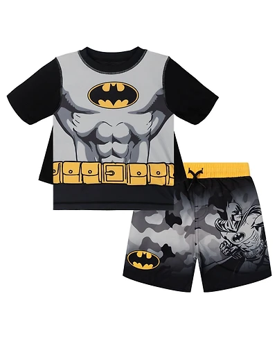 Justice League Boys Batman Superman Cosplay Rash Guard and Swim Trunks Set
