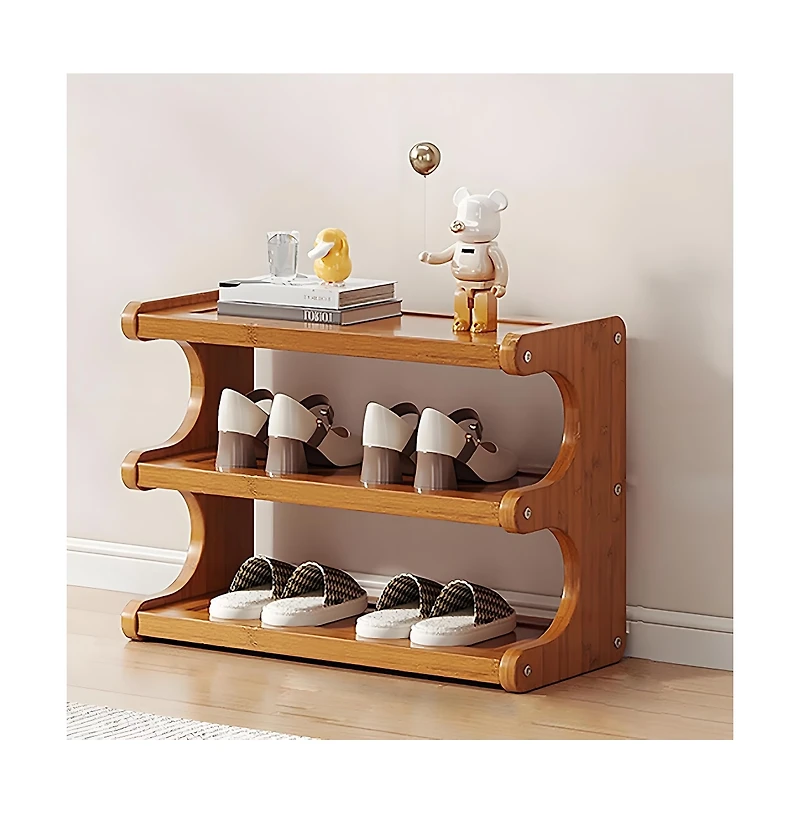 Slickblue 3-Tier Freestanding Wicker Shoe Rack with Wood Grain Shelves