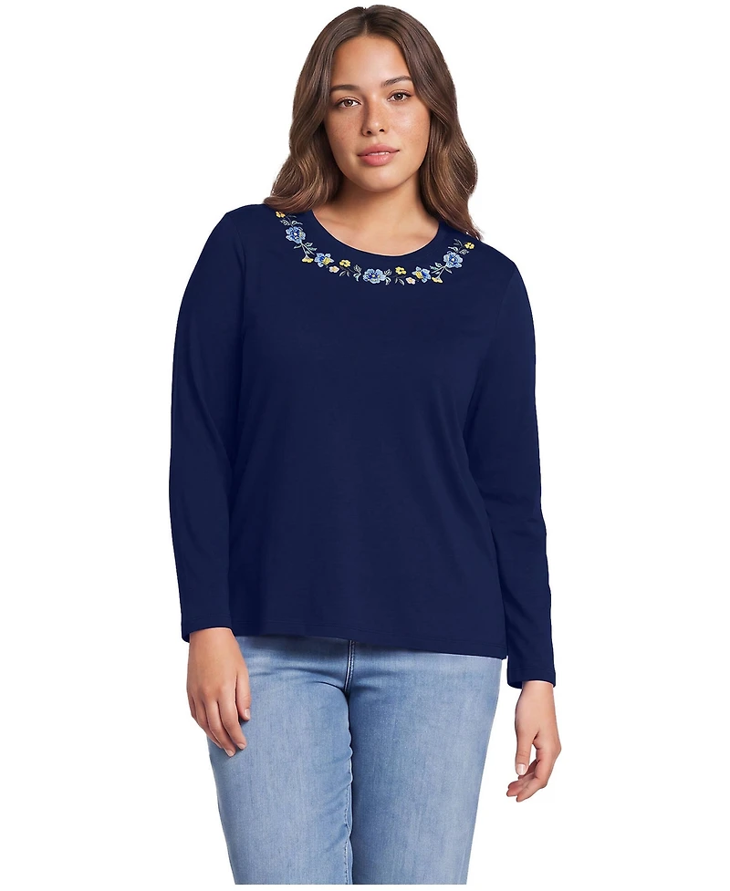 Lands' End Plus Size Supima Cotton Long Sleeve Embroidered Crew Neck T-Shirt