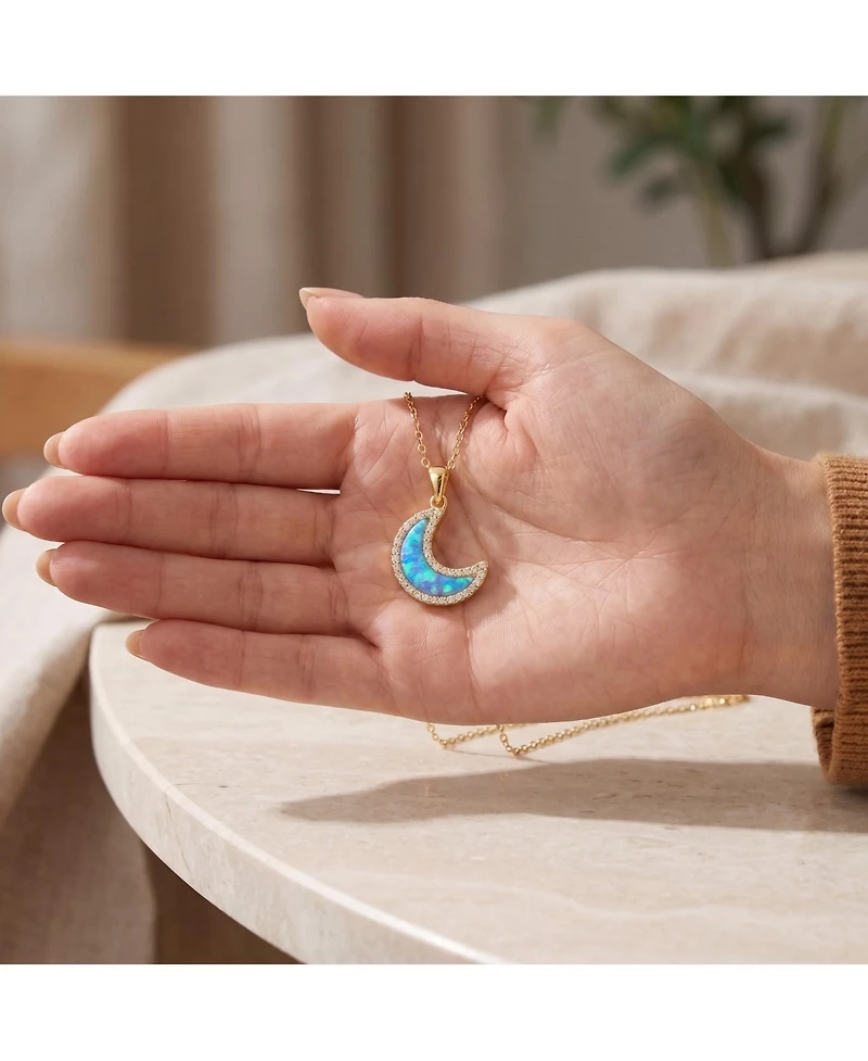 Rachel Glauber 14K Gold Plated Sparkling Moon Opal and Cz Halo Necklace