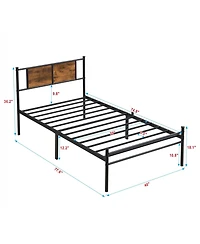 Slickblue Metal Platform Bed Frame with Wood Panel Headboard and Steel Slats