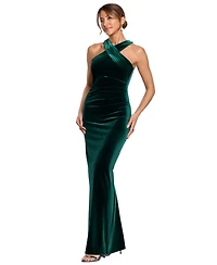 Xscape Petite Cross-Front Halter Ruched Velvet Gown