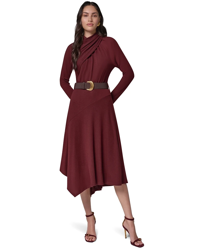 Donna Karan New York Women's Long-Sleeve Mock-Neck Asymmetrical-Hem Midi Dress