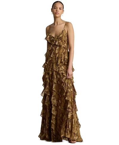 Lauren Ralph Women's Python-Print Ruffle-Trim Georgette Gown
