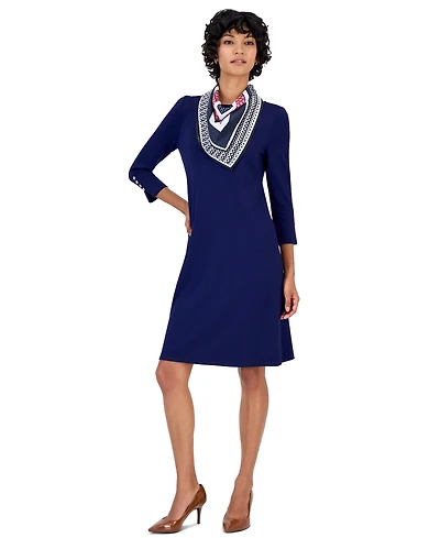 Jones New York Petite Serenity Knit Combo A-Line 3/4-Sleeve Dress with Neck Scarf